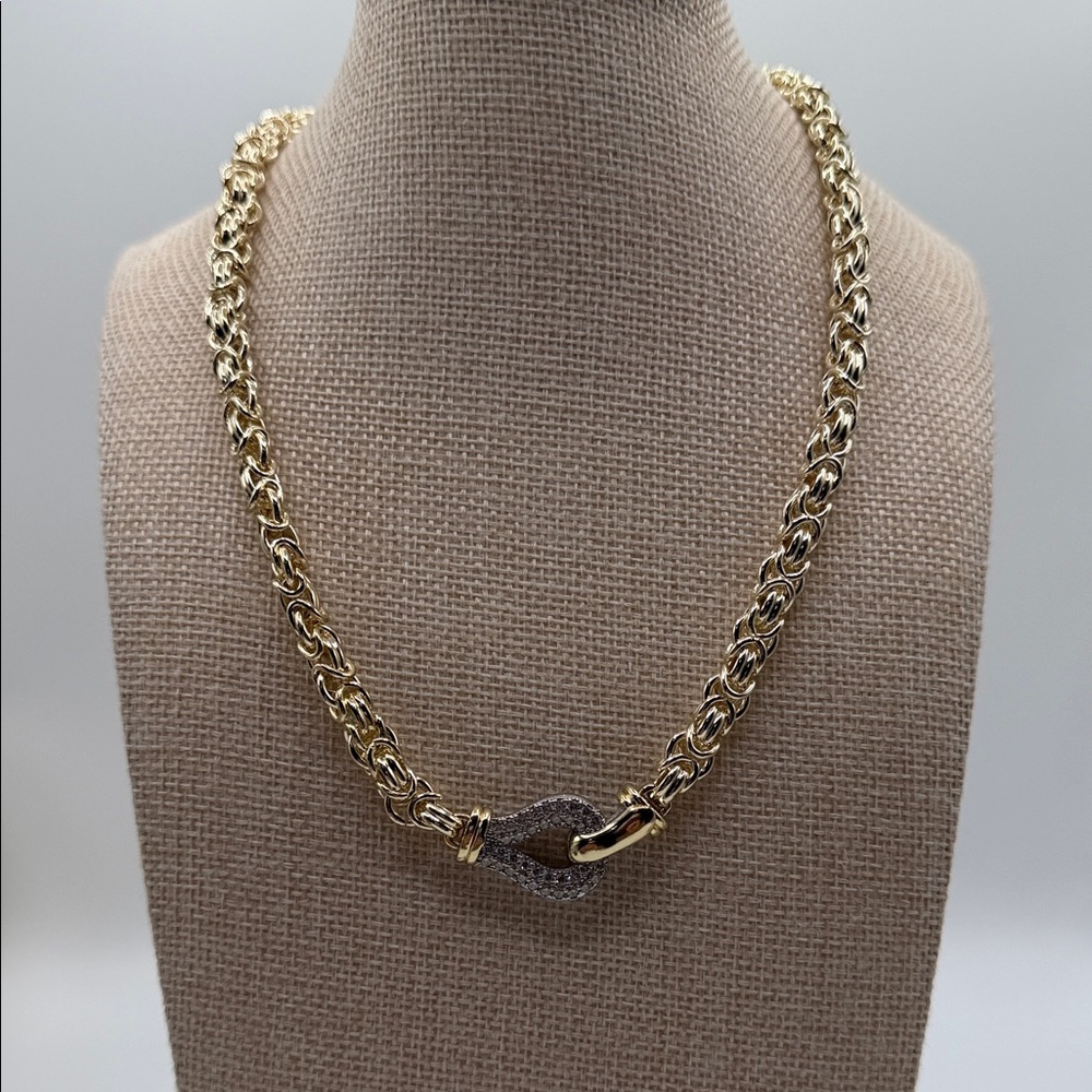 Gold Tone Interlink Chain Necklace with Pave Clasp